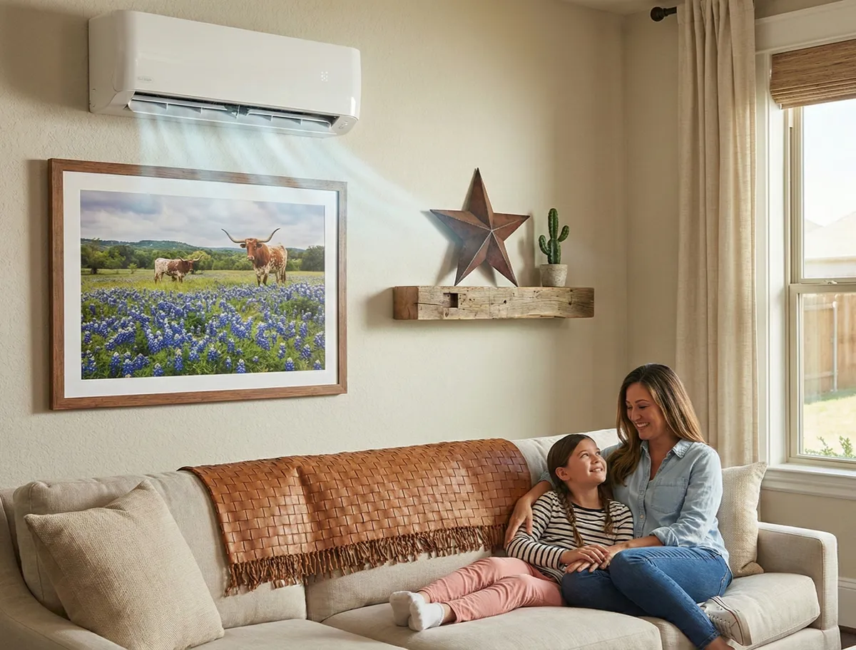 Wall-mounted ductless mini split cooling a Texas living room with a family relaxing on the couch